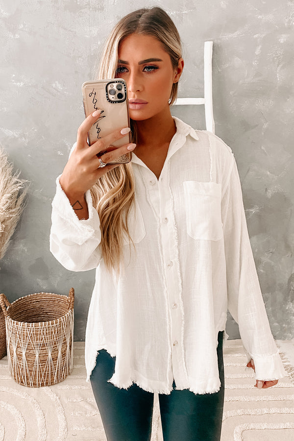 Add An Edge Raw Hem Button Down Tunic Top (Ivory) - NanaMacs