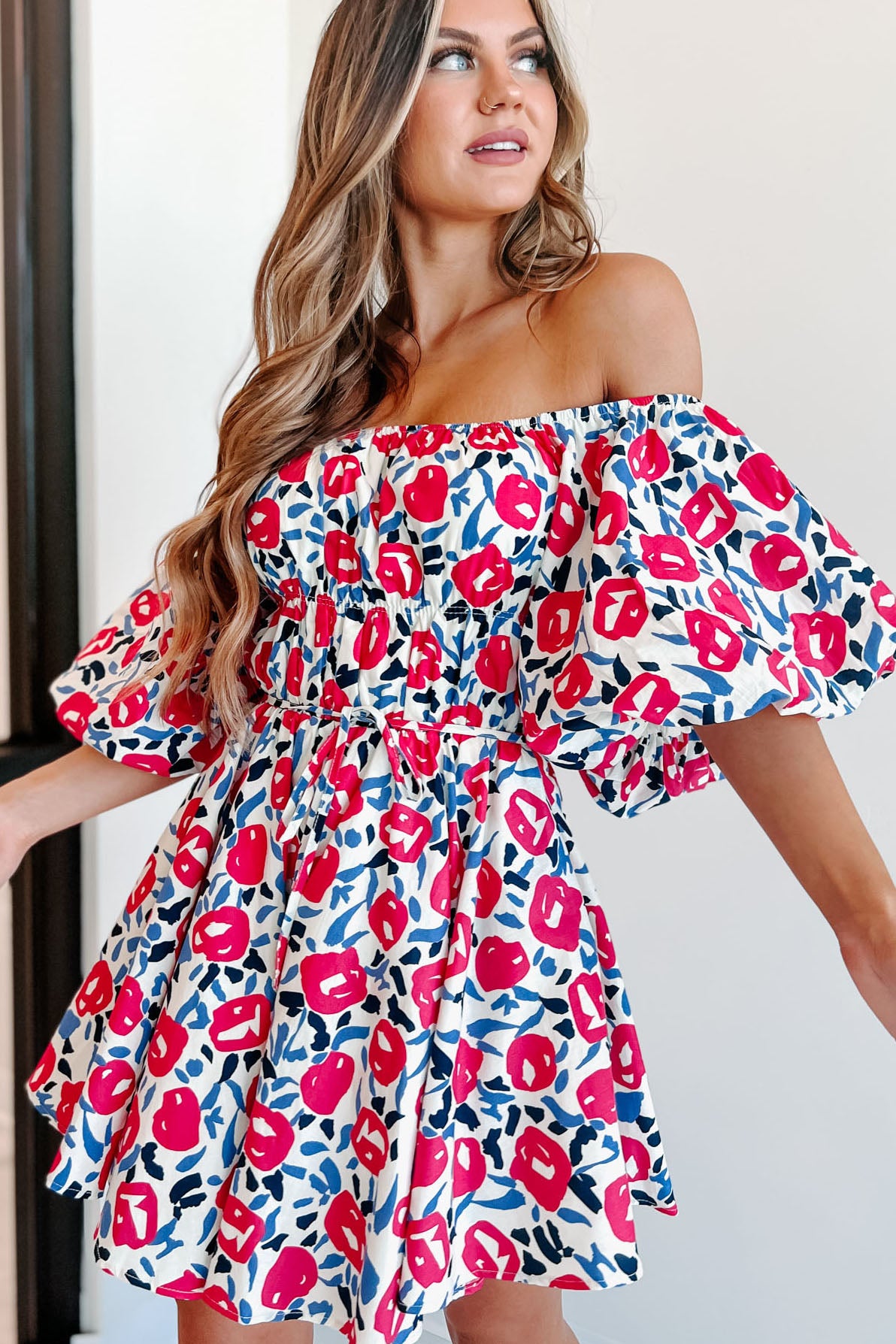 Charming & Disarming Bubble Sleeve Mini Dress (Hot Pink Floral) - NanaMacs