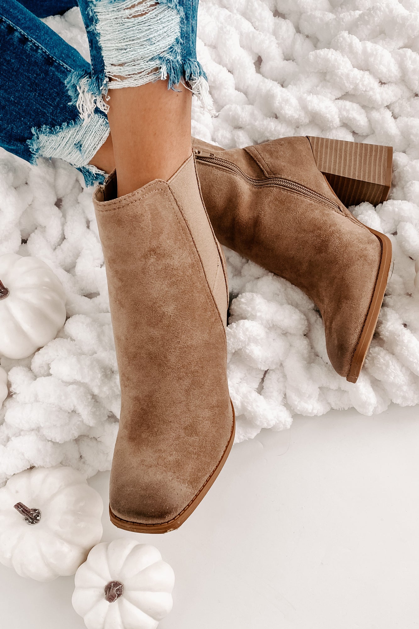 IMPERFECT Miss Popular Square Toed Faux Suede Booties (Taupe) - NanaMacs