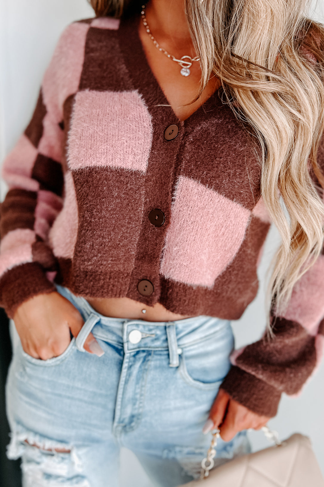 Your Best Bet Checkered Sweater Cardigan (Brown/Pink) · NanaMacs