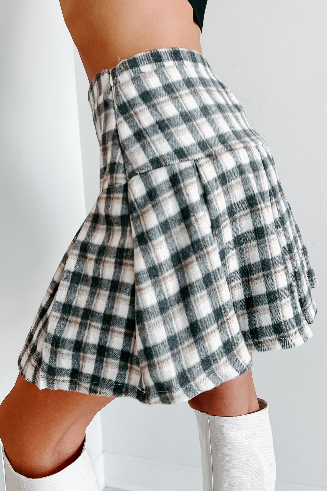 Never A Miss Pleated Plaid Mini Skirt (Cream/Black) - NanaMacs