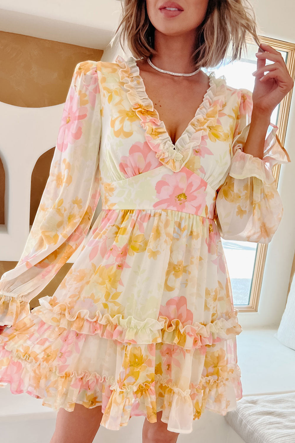 Like Sunshine Ruffled Floral Mini Dress (Ivory) - NanaMacs