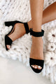 IMPERFECT Starting Rumors Faux Suede Ankle Strap Open Toe Heels (Black) - NanaMacs