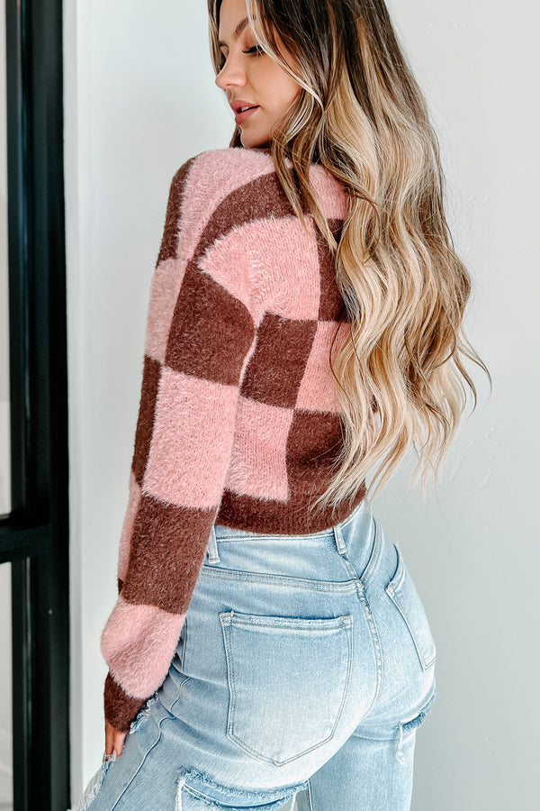 Your Best Bet Checkered Sweater Cardigan (Brown/Pink) - NanaMacs