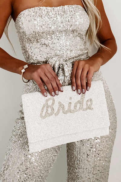 Cursive "Bride" Beaded Clutch (Silver Bride) - NanaMacs