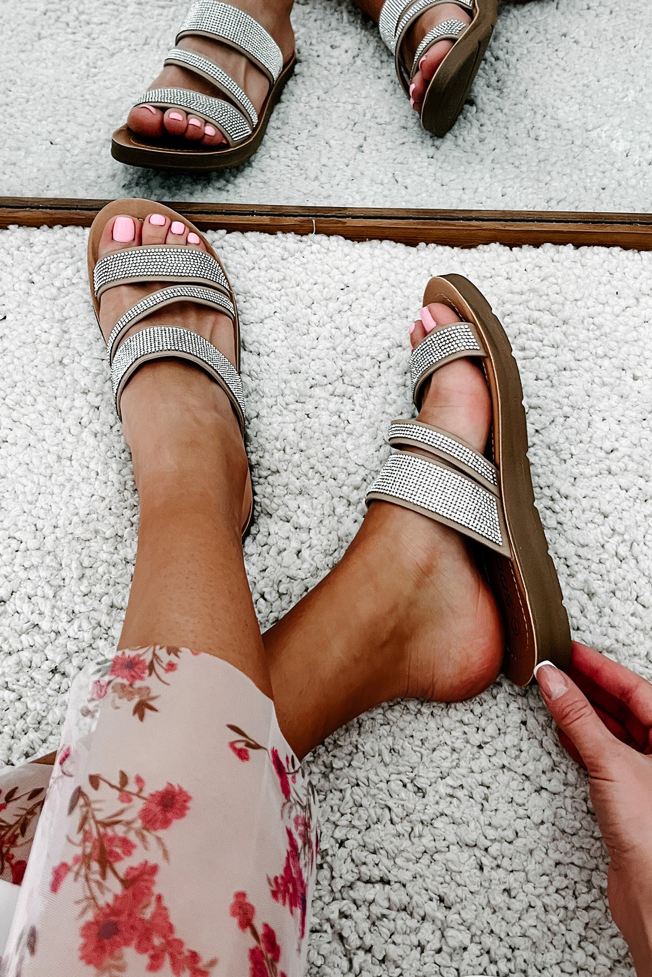 Naveena Rhinestone Strap Sandals (Natural) - NanaMacs