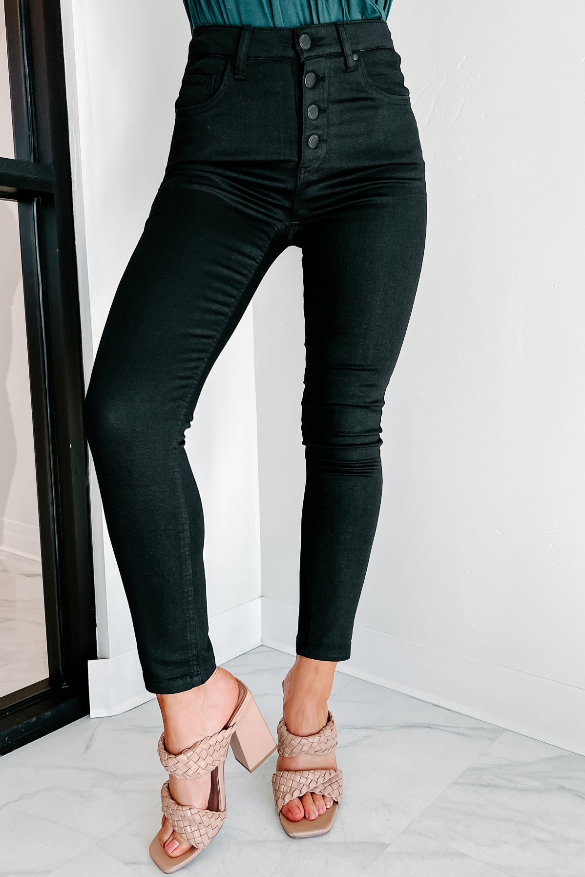 Outdated Thinking High Rise Button-Fly Risen Skinny Jeans (Black) - NanaMacs