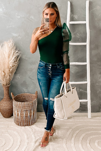 Glam For The Gram Puffed One Shoulder Bodysuit (Hunter Green) - NanaMacs