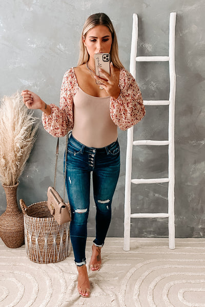 Growing Attraction Ribbed Floral Sleeve Bodysuit (Tan/Rust) - NanaMacs