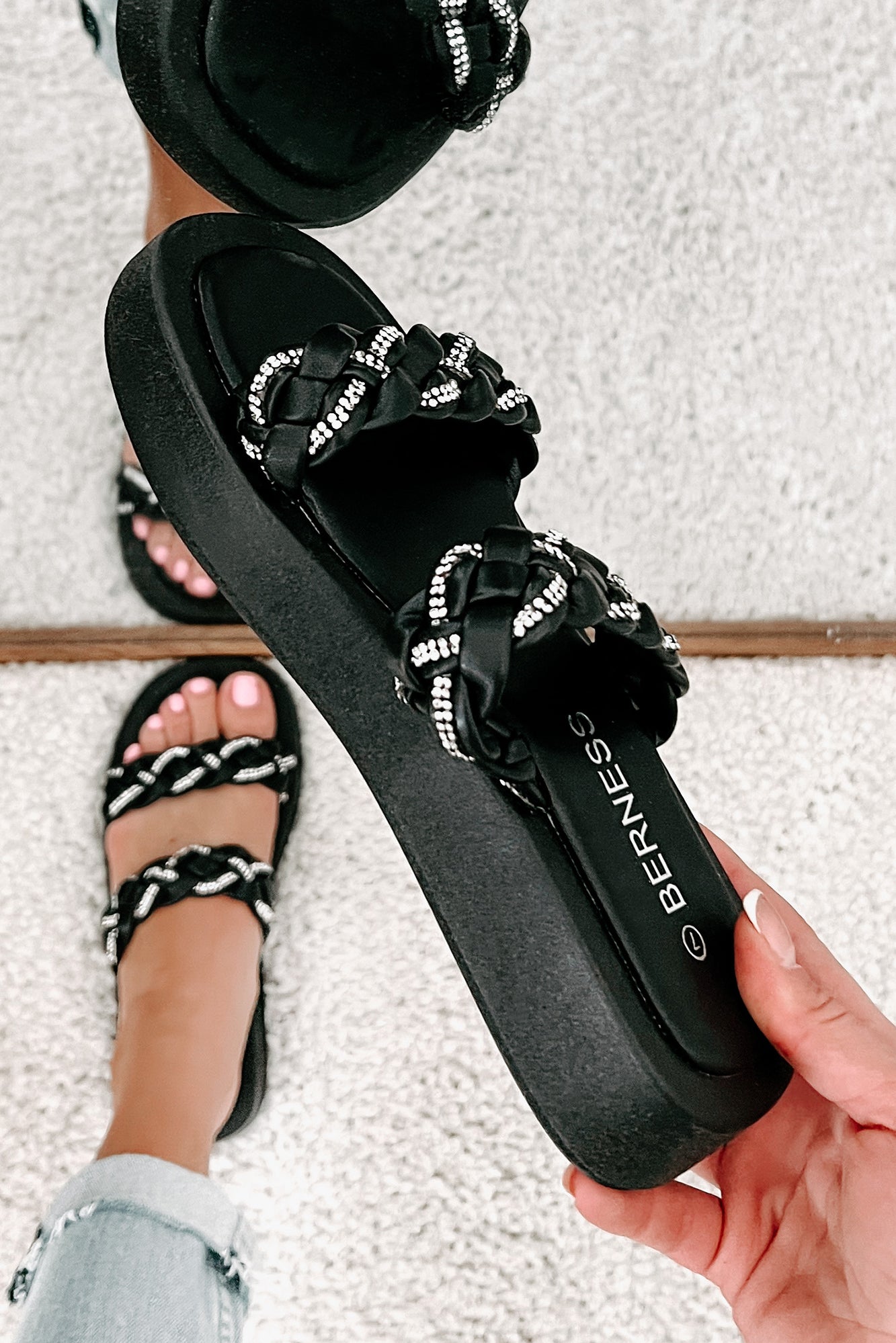Summers In The City Braided Rhinestone Strap Sandals (Black) - NanaMacs