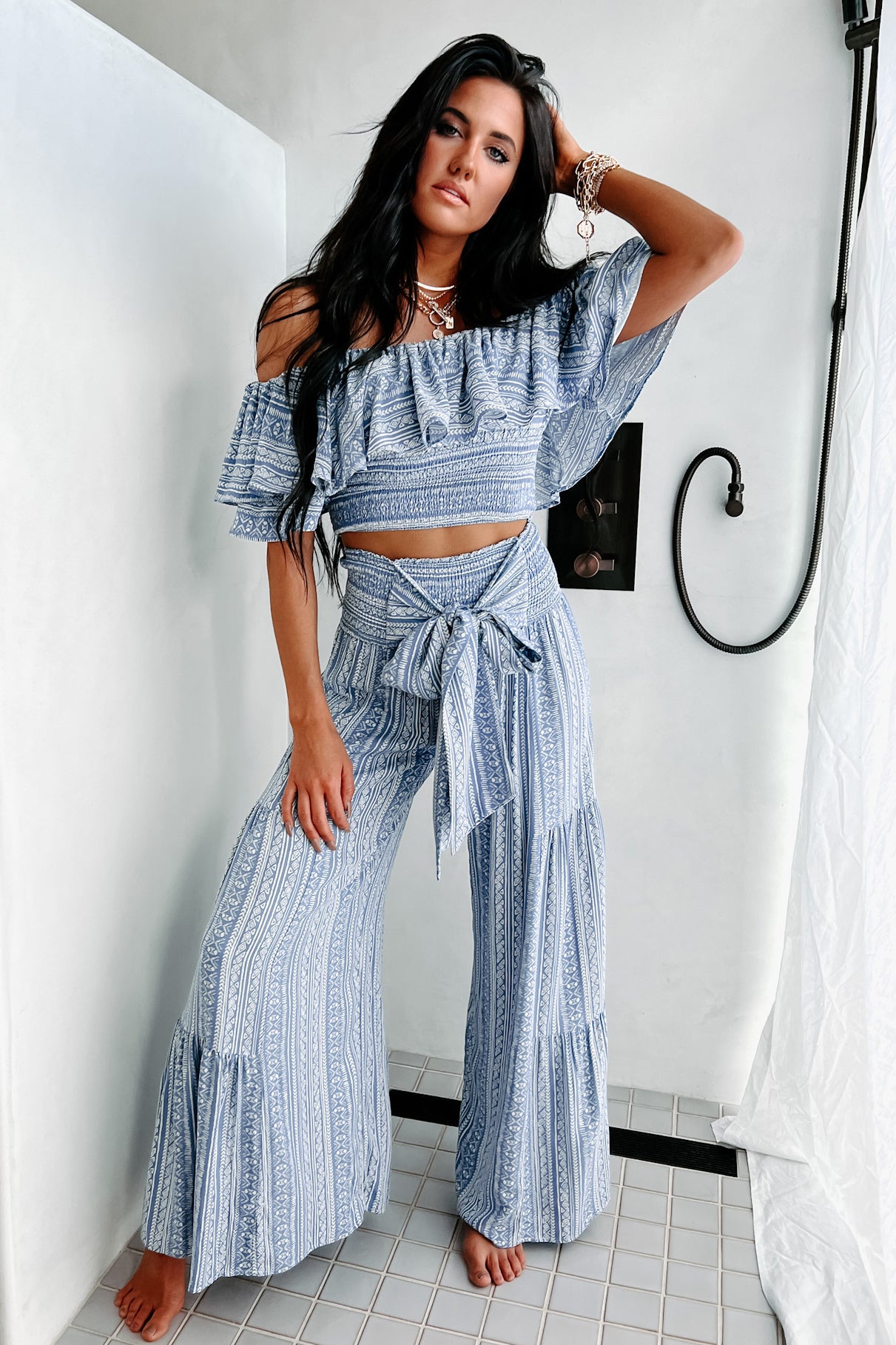 Storied Pasts Ruffled Off The Shoulder Printed Crop Top (Blue) - NanaMacs