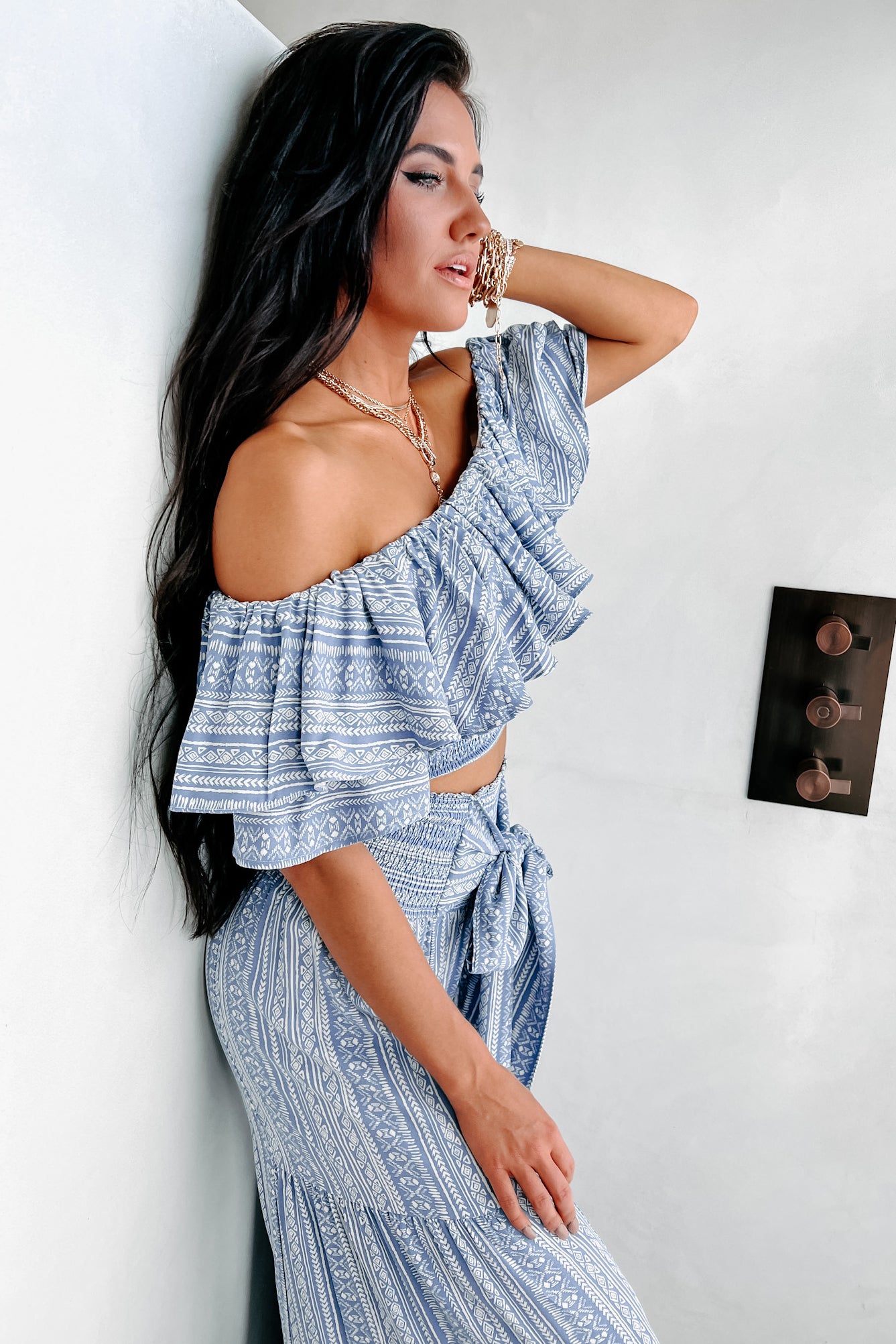 Storied Pasts Ruffled Off The Shoulder Printed Crop Top (Blue) - NanaMacs