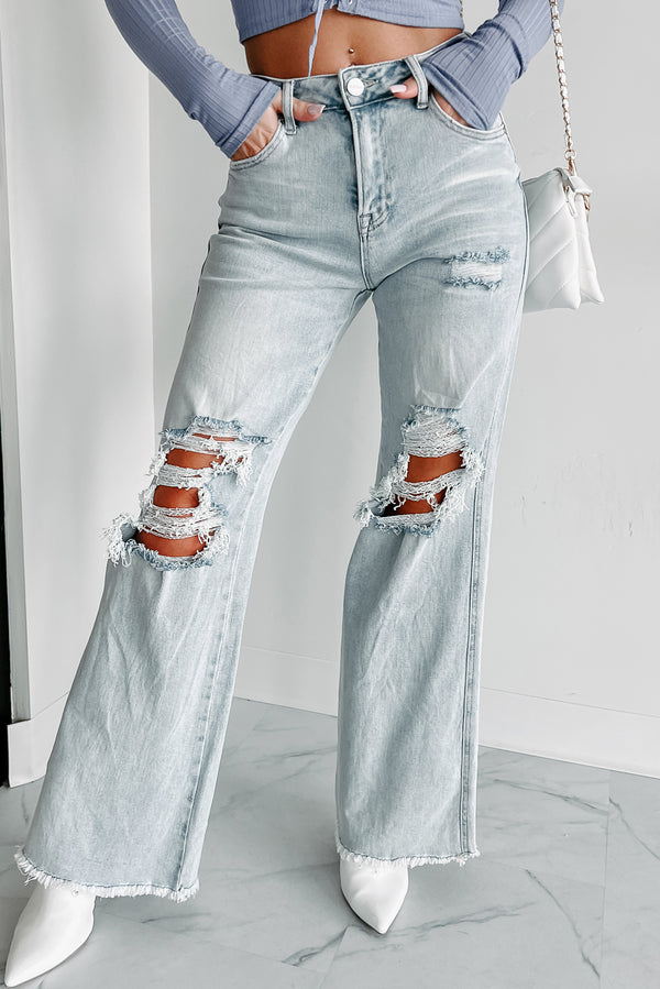 Abrielle High Rise Distressed Risen Wide Leg Jeans (Light) - NanaMacs