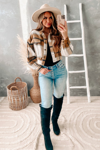 Central Park Scene Cropped Plaid Jacket (Brown) - NanaMacs