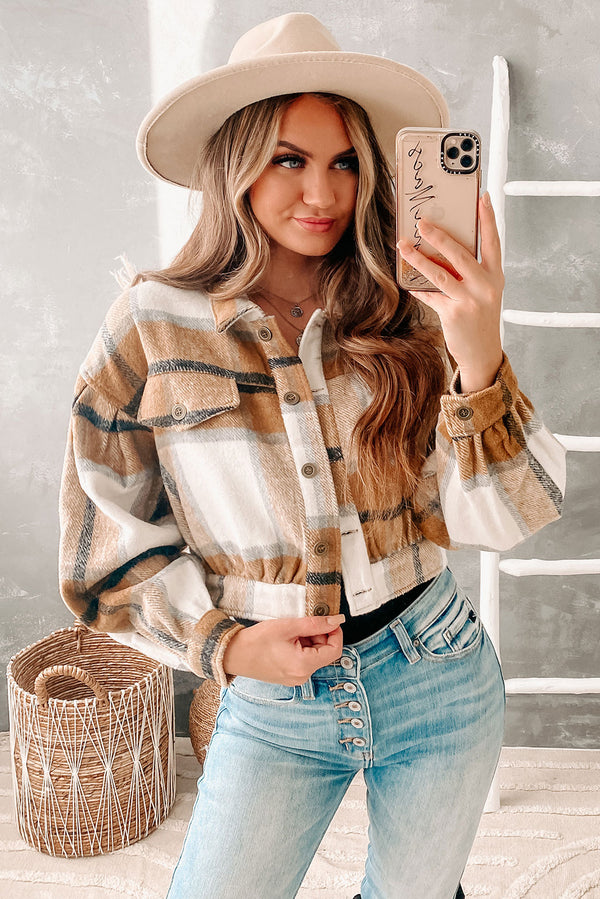 Central Park Scene Cropped Plaid Jacket (Brown) - NanaMacs