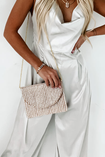 Champagne Nights Striped Beaded Clutch (Blush/White Stripe) - NanaMacs