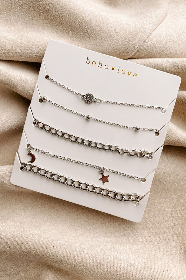 Effortless Is More 5-Piece Chain Bracelet Set (Silver) - NanaMacs