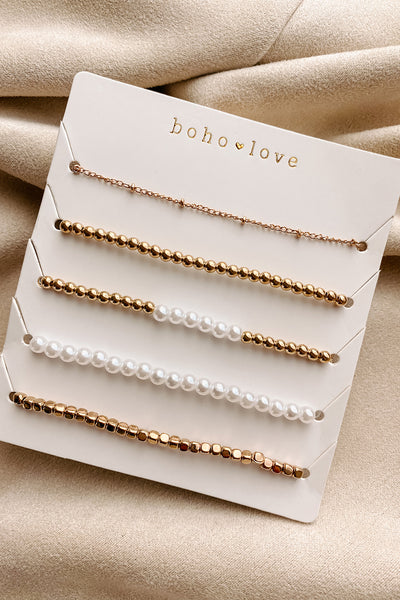 Too Little, Too Late 5-Piece Bracelet Pack (Gold/White) - NanaMacs