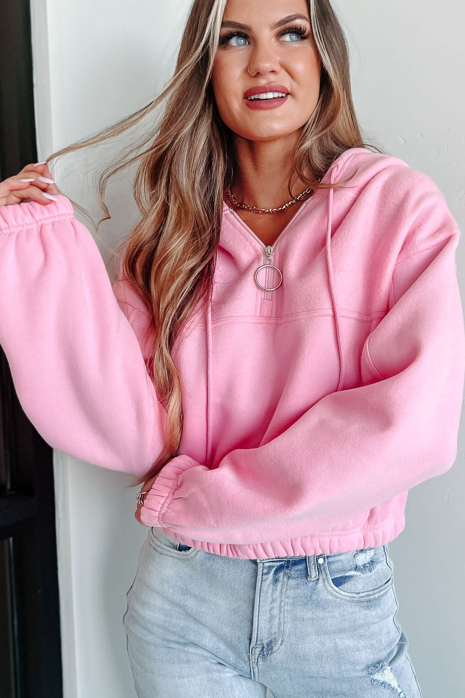 Down To Lounge Quarter Zip Hooded Sweatshirt (Pink) - NanaMacs