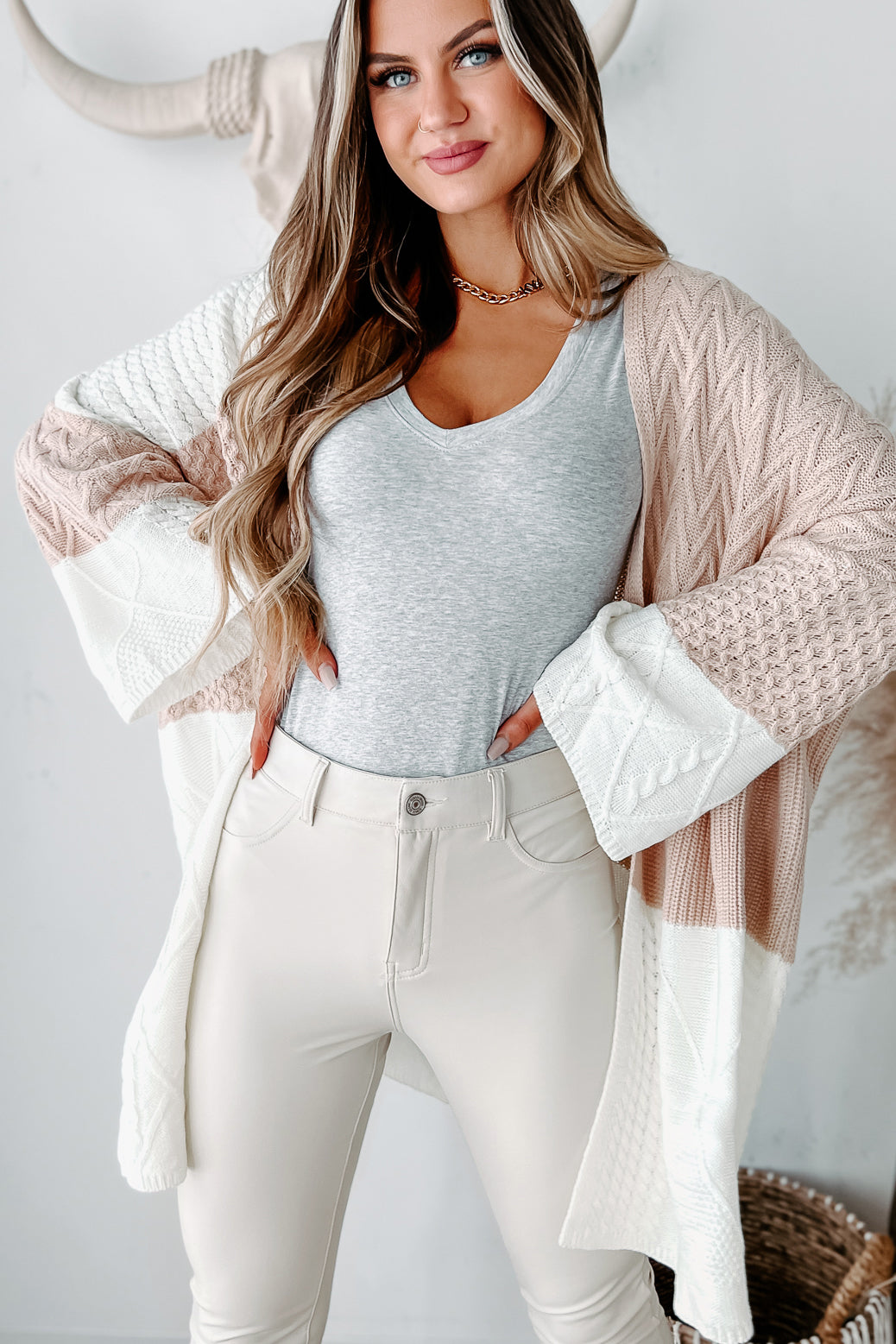 Just Charmed Colorblock Cardigan (Taupe/Ivory) - NanaMacs