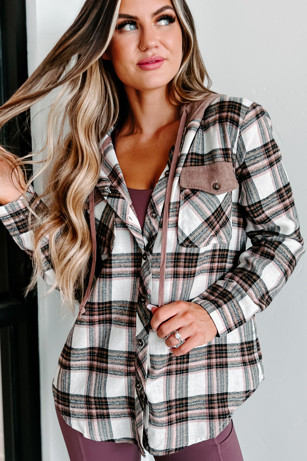 Starting Again Plaid Hooded Long Sleeve Top (Taupe/Black) · NanaMacs