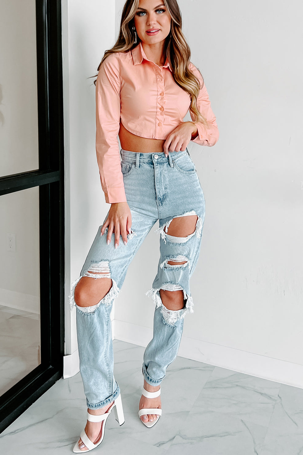 That's Putting It Mildly Long Sleeve Tie-Back Cropped Blouse (Peach) - NanaMacs