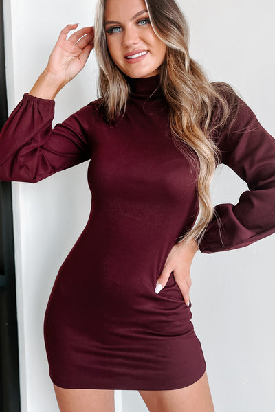 My Heart Awaits Mock Neck Mini Dress (Wine) - NanaMacs