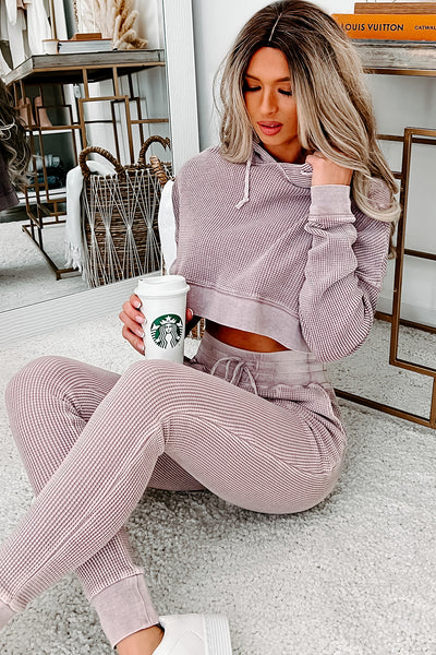 Snooze & Snuggle Thermal Knit Cropped Hoodie (Dusty Pink) - NanaMacs