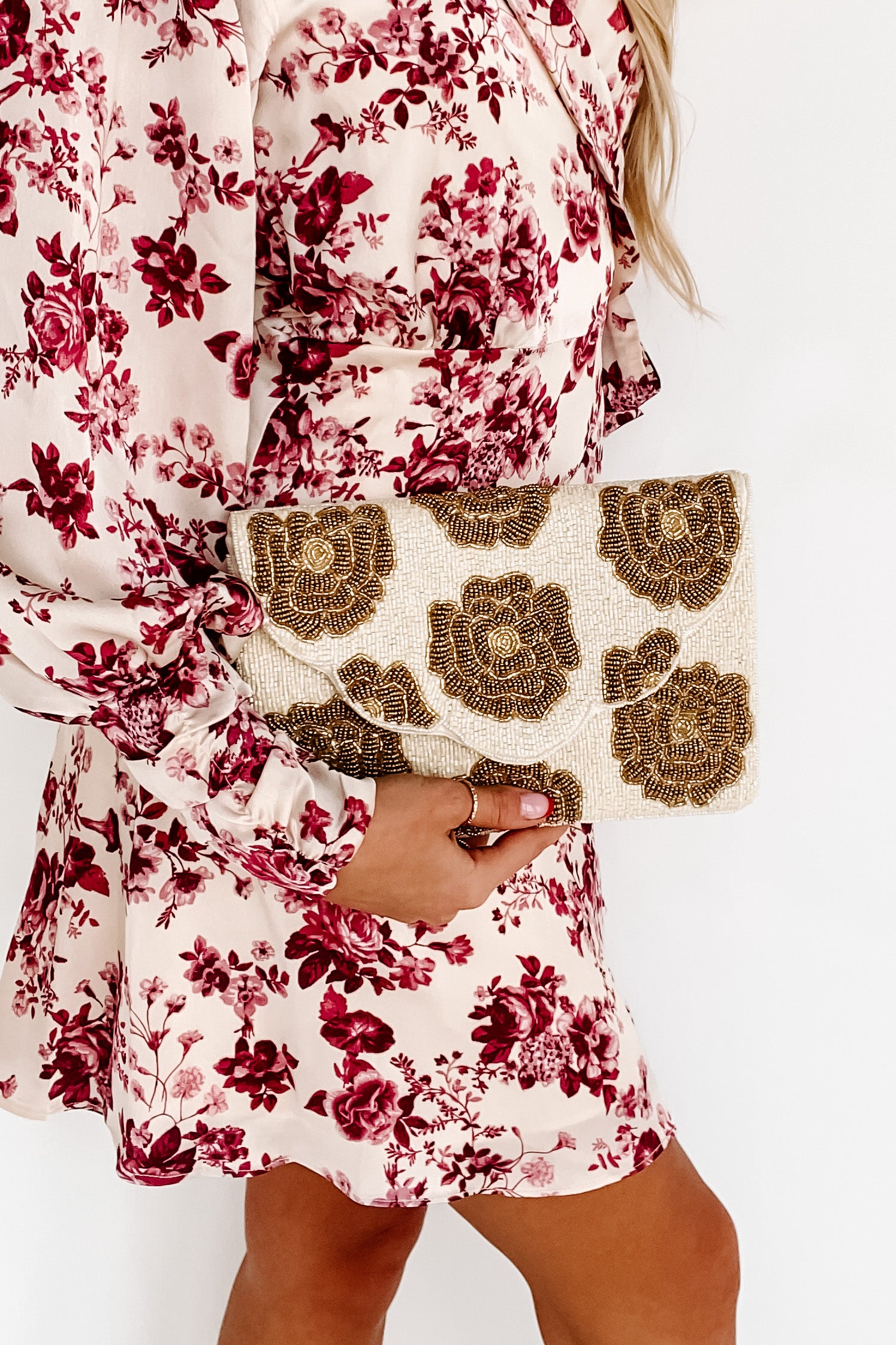 Stylish Status Floral Beaded Clutch (Cream/Rose Gold) - NanaMacs