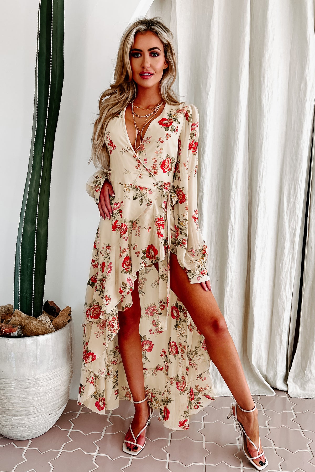 Noella High-Low Floral Wrap Dress (Cream) – NanaMacs