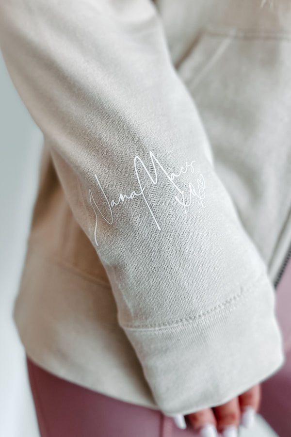 "NanaMacs XOXO" Graphic Zip-Up Hoodie (Sand/White Text-Sleeve) - Print On Demand - NanaMacs