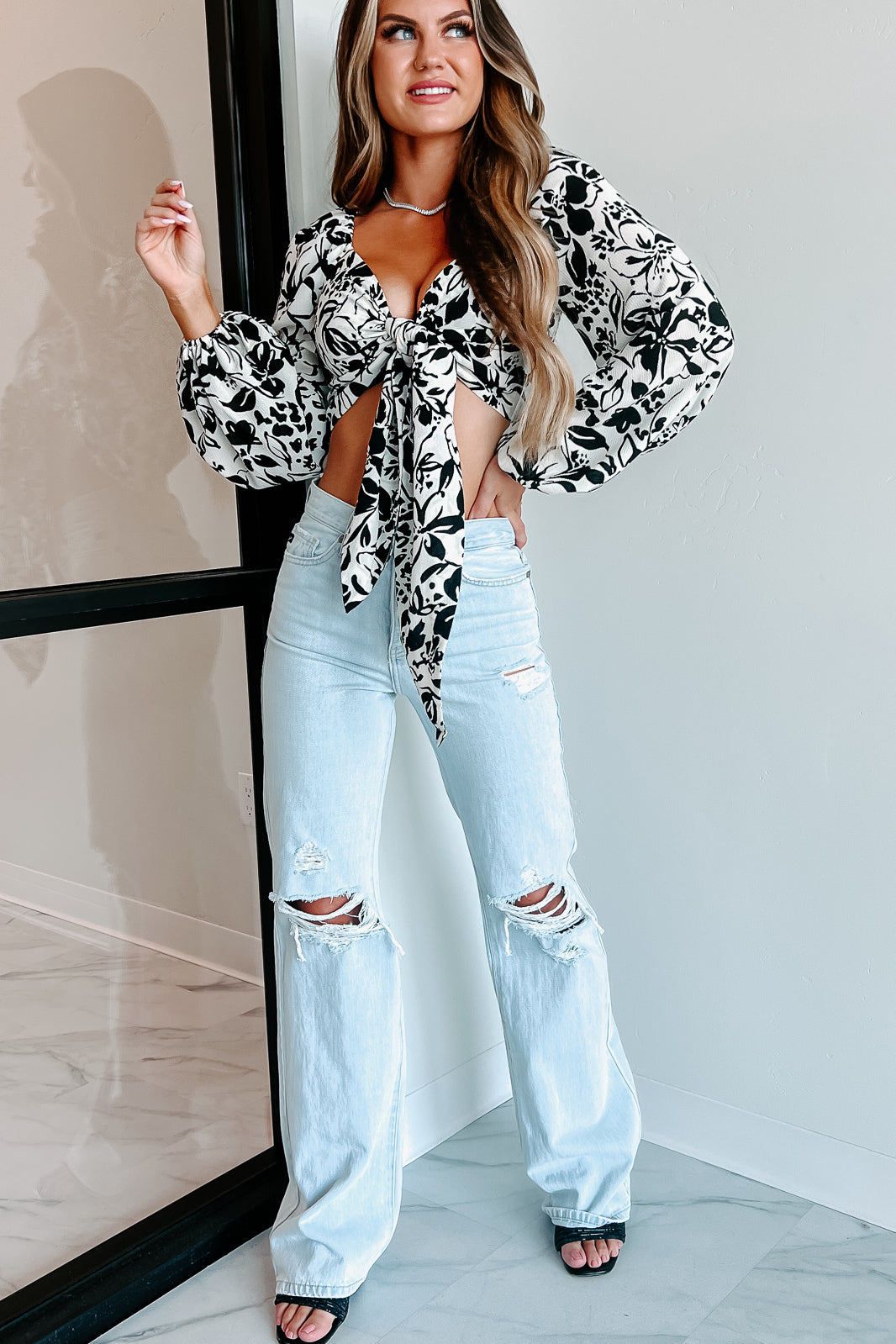 Changed My Mind Tie-Front Floral Crop Top (Ivory/Black) - NanaMacs