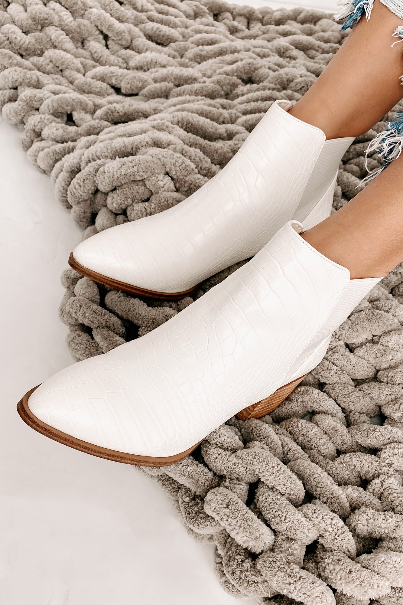 IMPERFECT Slightly Salty Faux Croc Elastic Ankle Booties (Croco Cream) - NanaMacs