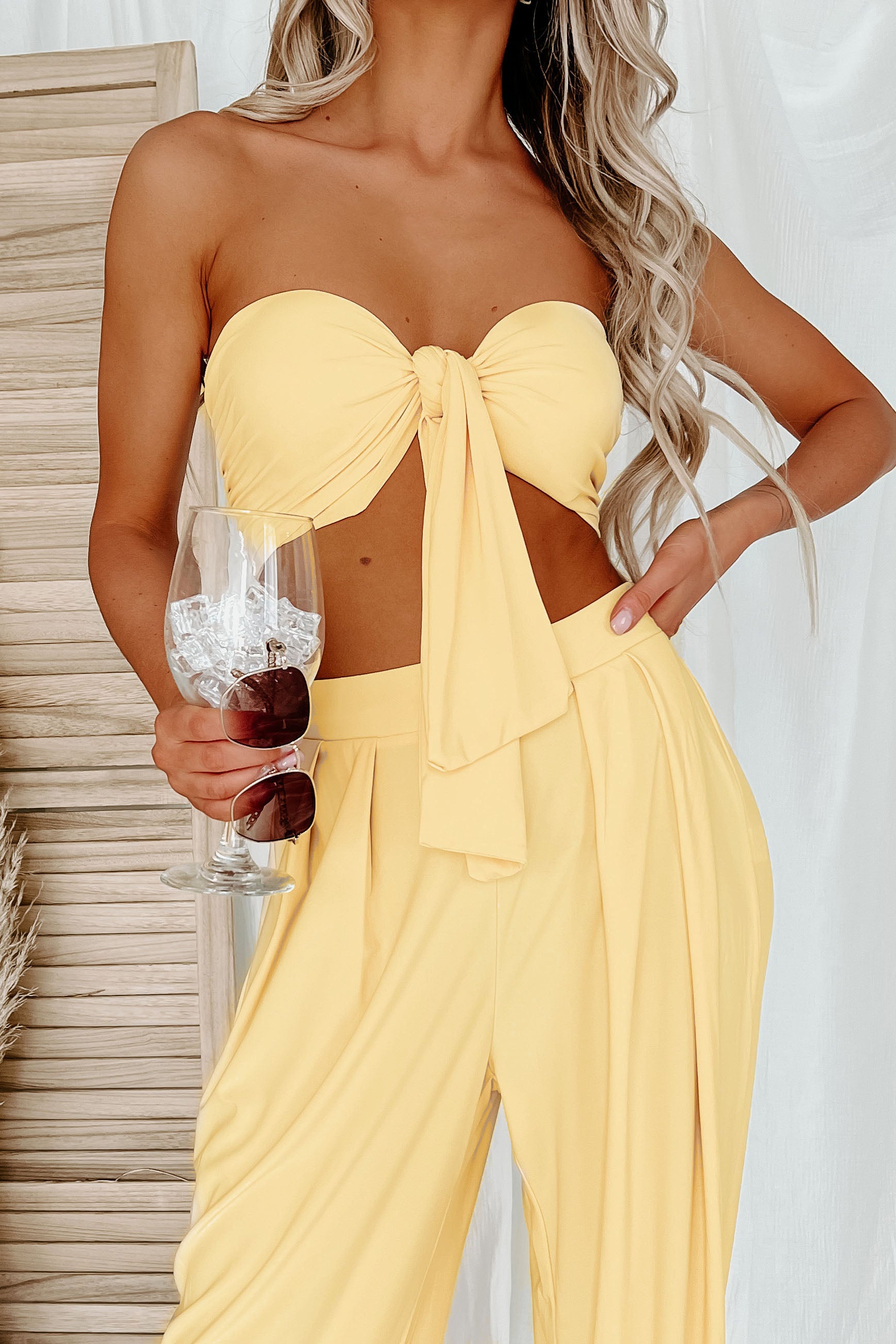 Vacation Mindset Strapless Tie Top & Pants Set (Pastel Yellow) - NanaMacs