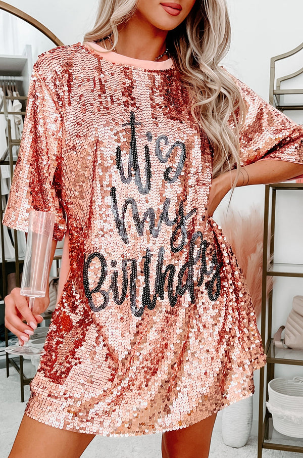 "It's My Birthday" Sequin T-Shirt Dress (Rose Gold) - NanaMacs
