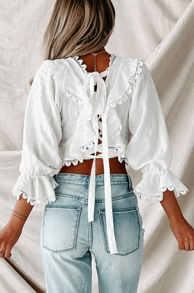 Delicate Lady Criss-Cross Back Lace Trim Crop Top (Ivory) - NanaMacs