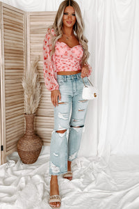 Grab Your Attention Ruched Mesh Sleeve Crop Top (Pink) - NanaMacs