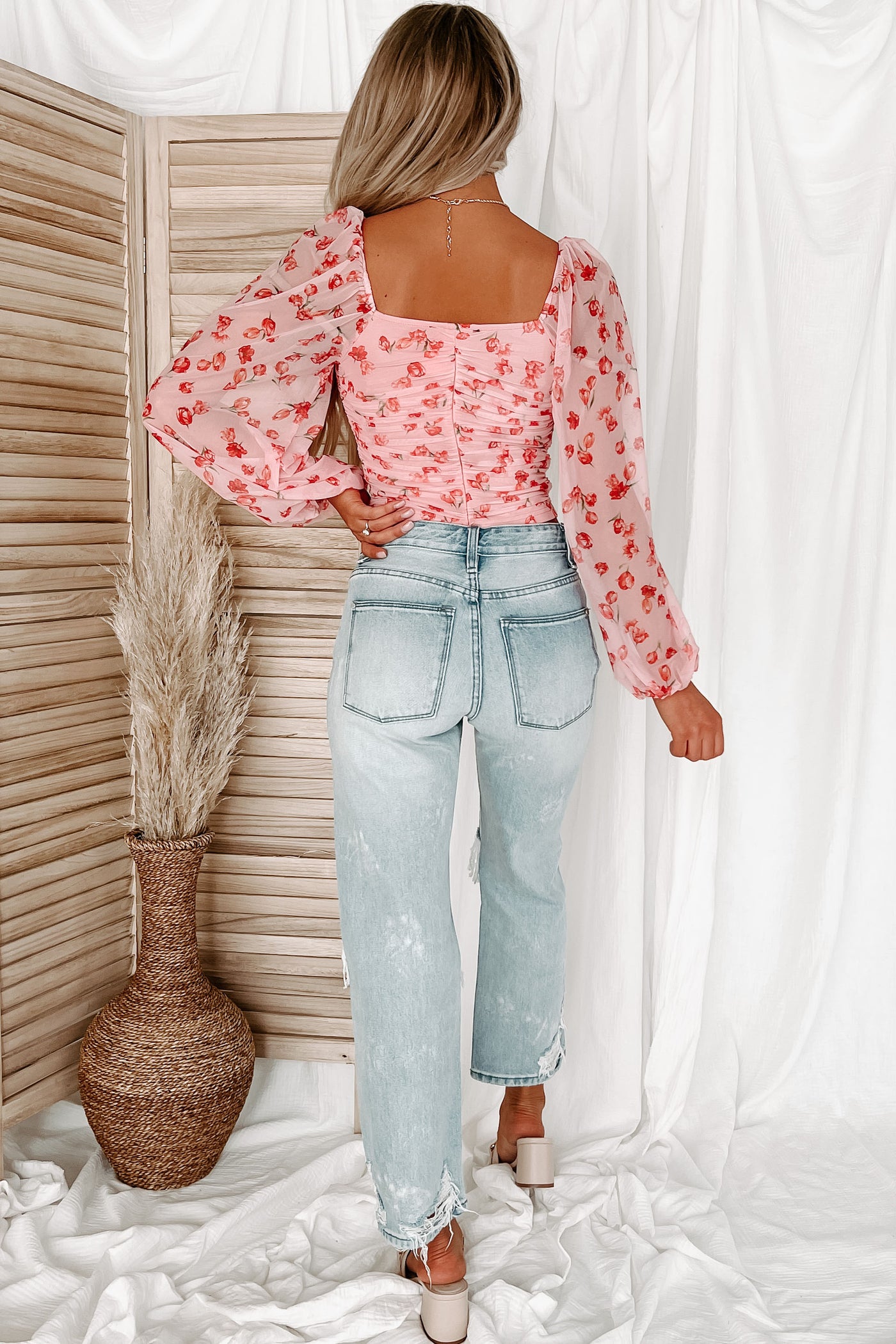 Grab Your Attention Ruched Mesh Sleeve Crop Top (Pink) - NanaMacs