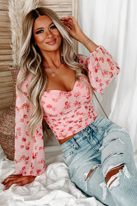Grab Your Attention Ruched Mesh Sleeve Crop Top (Pink) - NanaMacs