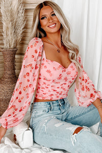 Grab Your Attention Ruched Mesh Sleeve Crop Top (Pink) - NanaMacs