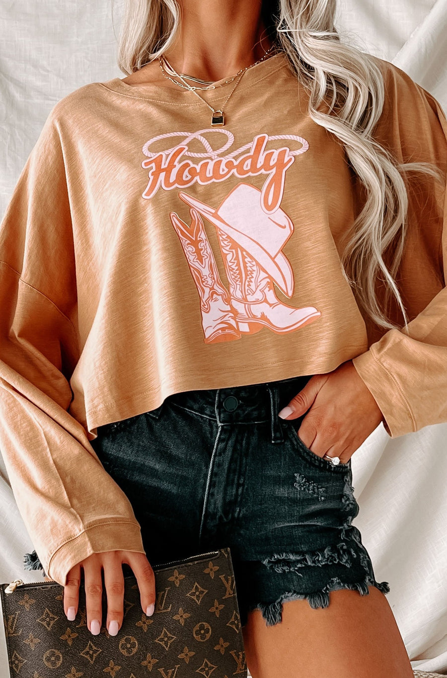 Howdy There Long Sleeve Graphic Crop Top (Peanut Butter) - Print On Demand - NanaMacs