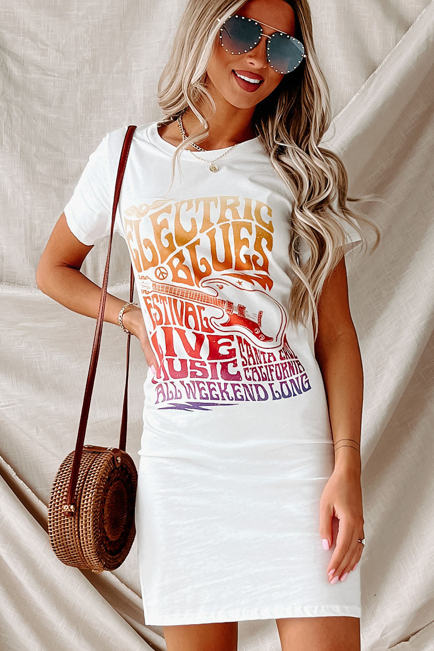 "Electric Blues Festival" Graphic T-Shirt Dress (White) - Print On Demand - NanaMacs