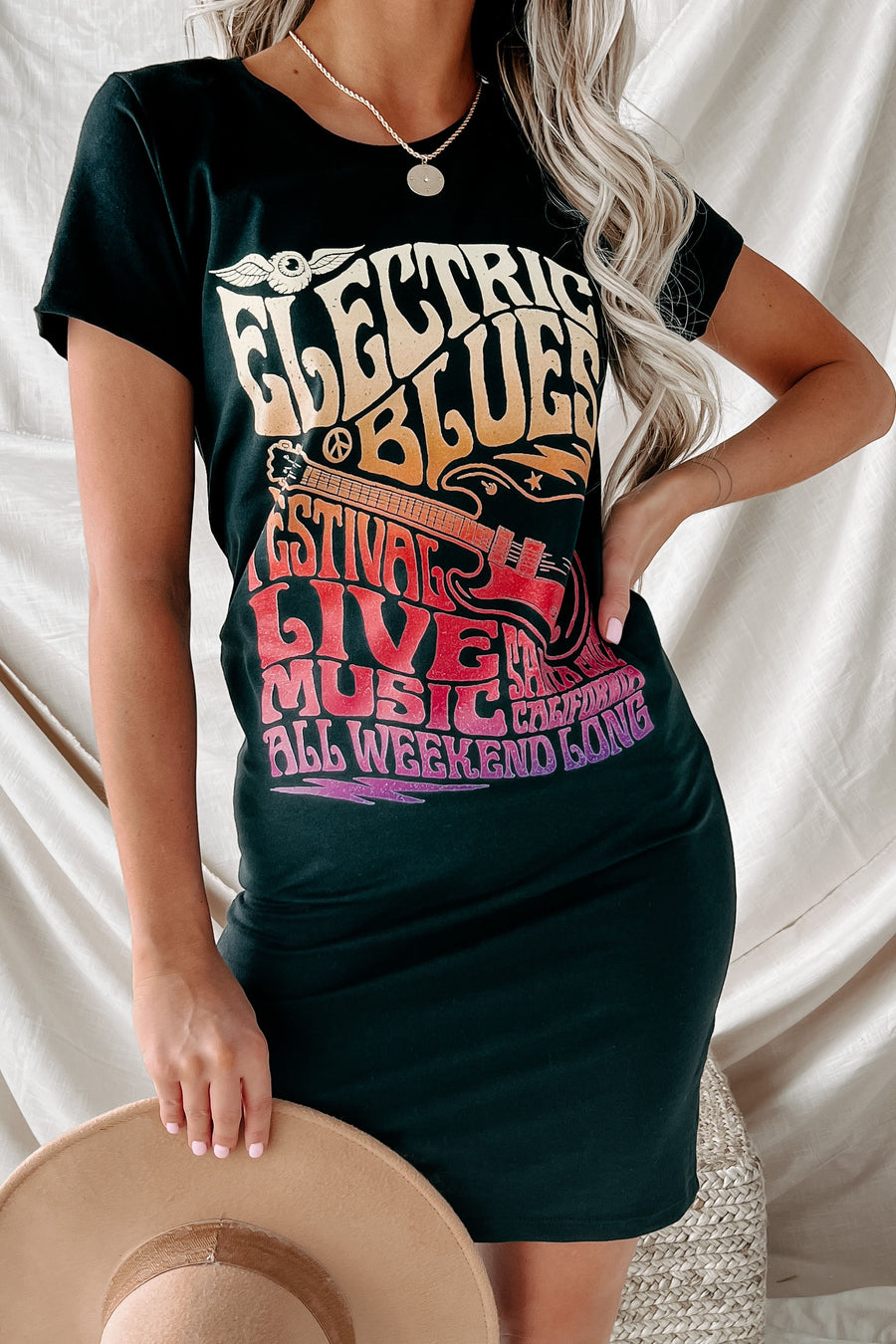 "Electric Blues Festival" Graphic T-Shirt Dress (Black) - Print On Demand - NanaMacs