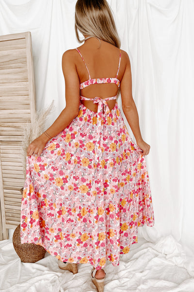Lyrical Love Tie-Shoulder Floral Midi Dress (Hot Pink Floral) - NanaMacs