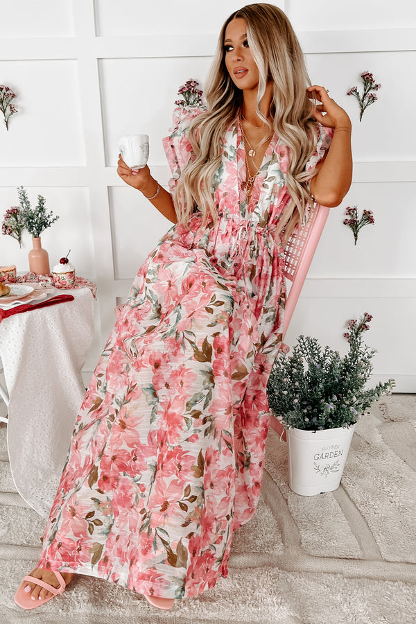 Give Me Love Floral Flutter Sleeve Open Back Maxi Dress (Pink Multi) - NanaMacs