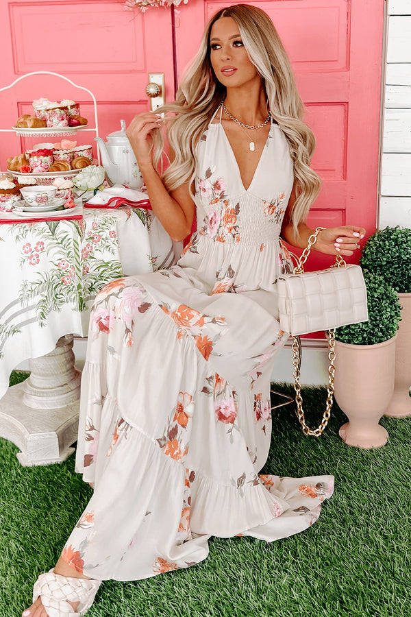 Infinite Beauty Floral Halter Maxi Dress (Sand) - NanaMacs