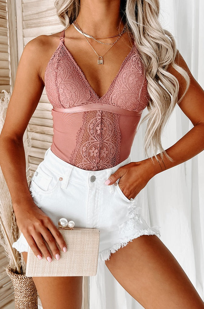 Mauve Sheer Lace Cupped Bodysuit, Tops