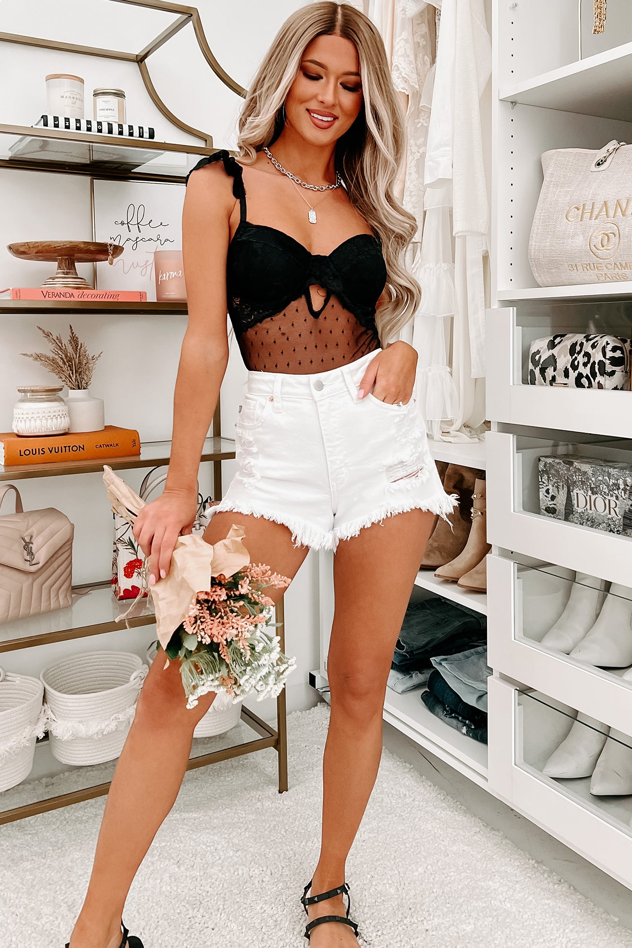 White lace top shorts outfit