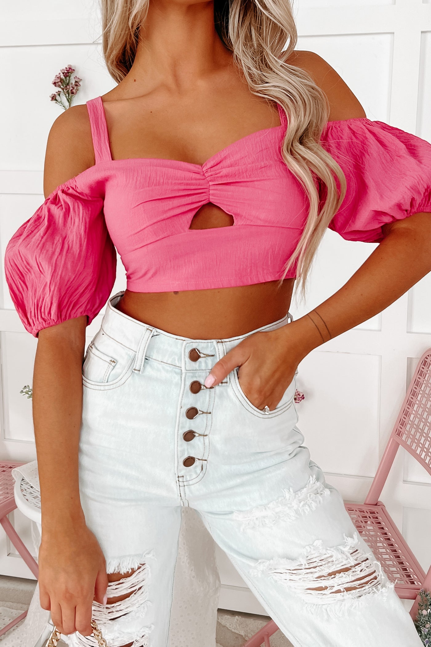 Feeling Delightful Cold Shoulder Crop Top (Fuschia) - NanaMacs