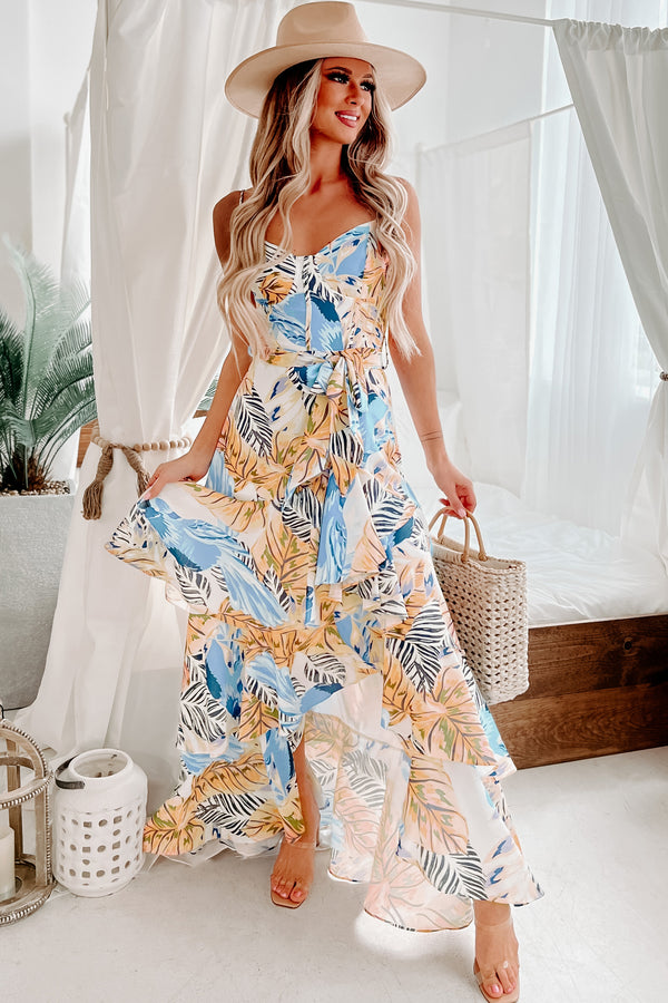 Havana Vibes Tropical Print Tiered Ruffle Maxi Dress (Orange) - NanaMacs